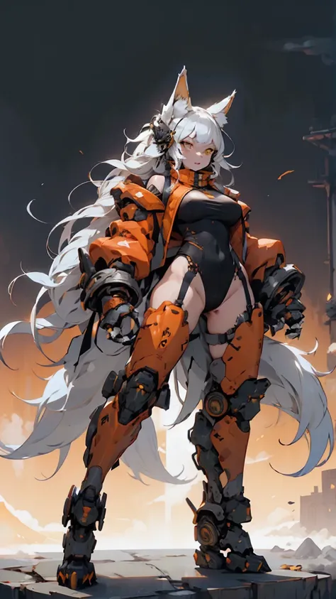 high resolution、high quality、Wolf Beast、woman, Silver Hair, Very long hair,Yellow Eyes, Wolf Ears, Fangs and furry body, , Large Breasts, Big Ass, whole body, The tail of the beast,Mechanical Gauntlet、leg garter、Erect nipples、Black leotard、Orange micro jac...