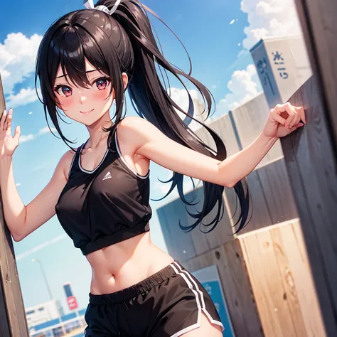 girl,  High resolution, chest, Blushing, Black Hair, Close your mouth, ponytail, High resolution, Nipples, smile, saliva, Shy, Character portrait, ribbon, Anime Style, Sports Bra,Shorts,high school student,Shortcuts, adult,solo, 