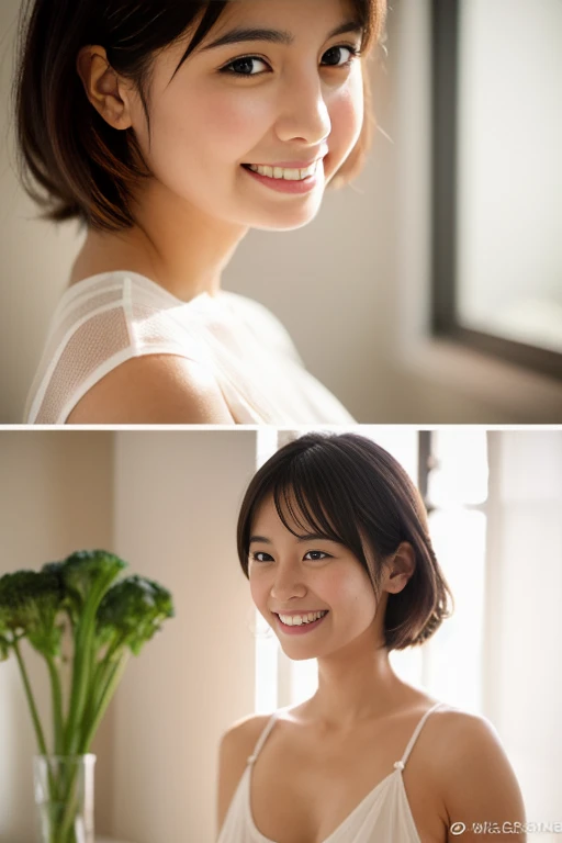 Realistic, photoRealistic, detailed, beautiful, RAW Photos, Film Grain, (Natural light :1.2), Cute Japanese Woman, 28years old, Smiling shyly, キッチンでcookingしている, Waking up, (White sheer camisole dress:1.3), (Large Breasts), cooking, broccoli, Have vegetable...