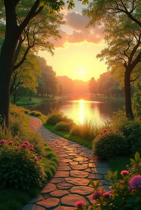 Garden, trail, park, sunset, lake, detaileds , photo realist 