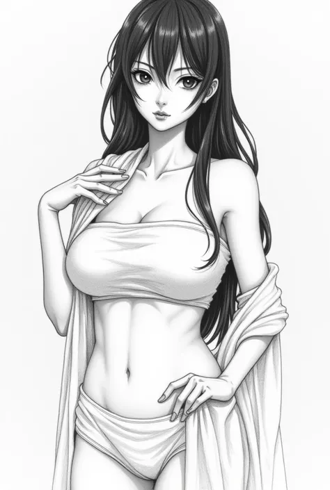 Pencil drawing of a Japanese woman wearing a towel and big breasts.