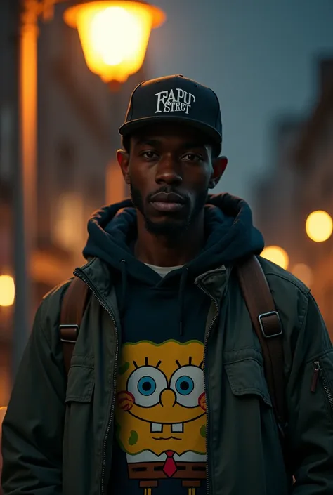 A young black men with beard wearing  big jacket and a cap on his head with the printing saying PAPU STRET on his black cap standing in fron of the streetlight facing the front with his the serious face and a picture on his jacket of sponsbob