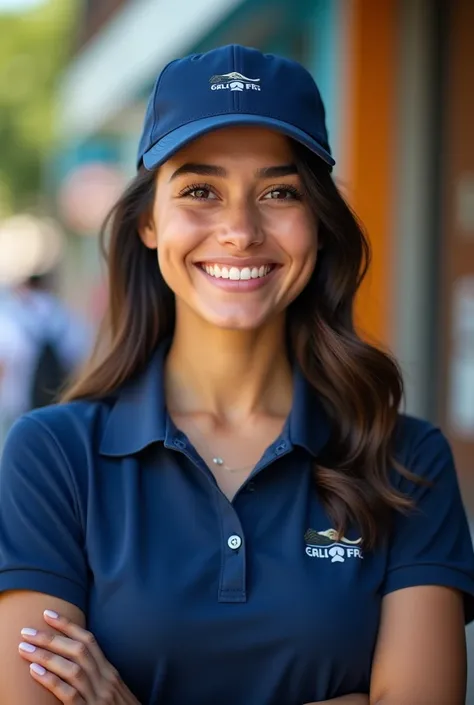 a young Brazilian saleswoman in a dark blue polo shirt and cap 