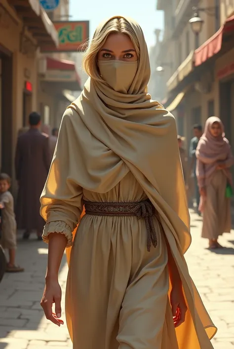 ((best quality)), ((masterpiece)), (detailed), 1girl, with platinum bob hair, small breasts, fit body wearing a beige burka outfit, she is walking, the location is Algerian streets