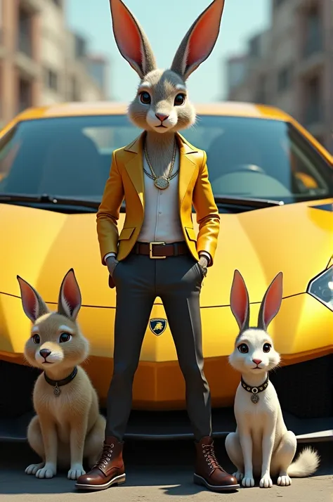 A taller rabbit guy with cooling class and modern outfit and dogs and cats are his friends also with same vibe infront of yellow Lamborghini 