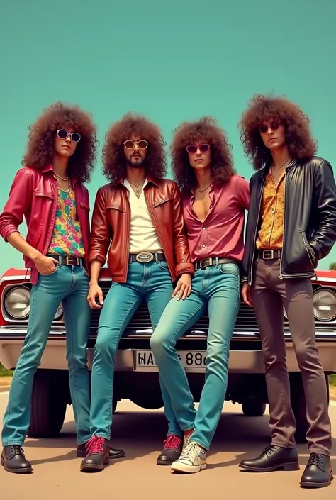 4 mens with long hair ,curly hair, 80s outfit fashion style,rockers, retro style , vintage style, 80s style, background  60s car,