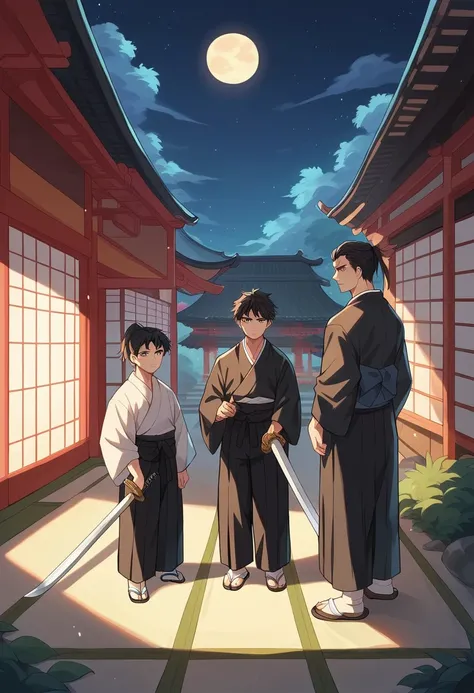 Long black hair, high ponytail, dark eyes, 2 man, (( kimono)), ((black hakama)), swordsman, Dojo, Edo style background, Holding a long japanese sword, emotionless, night sky