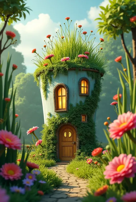 you have been lost in a strange village. It looks like a cup-shaped house complete with windows, doors and a unique staircase surrounded by giant grass and flowers. describe the imagination of the uniqueness by emphasizing the composition, shape, interweav...