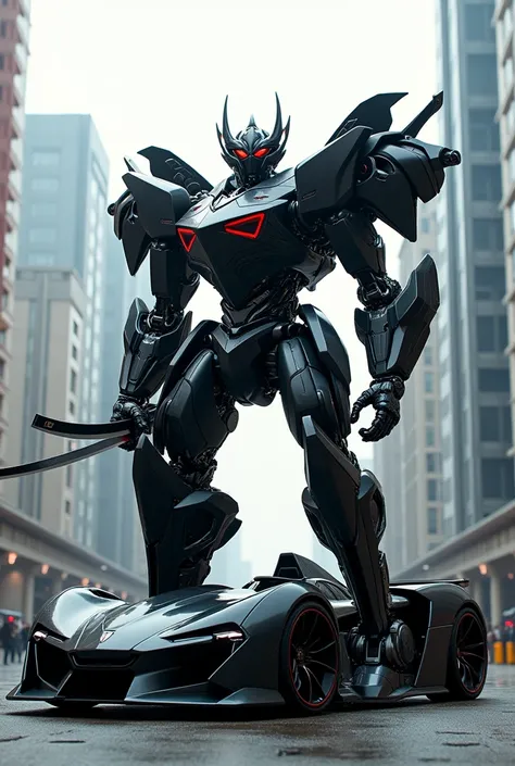 Create a super car in black colour and transform into samurai robot with there sword 