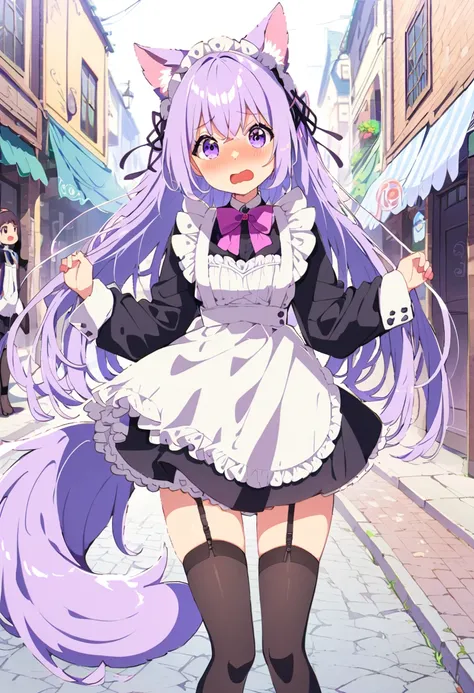 Very long hair、Bright colors、Light purple hair、Wolf ears、Girl、Short skirt maid costume、Purple Eyes、Looking up、blush、一人のGirl、Ocean岸、Ocean、whole body、Embarrassed expression、garter belt、In town