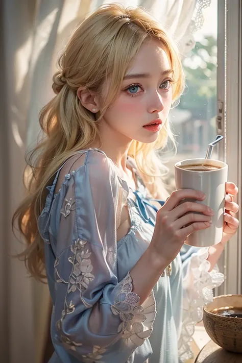 masterpiece: 1.2, Portraiture, Highest quality), Realistic, (Live Action, Intricate details, Written boundary depth), Highest quality, masterpiece, Attention to detail, semi-Realistic, 朝にDrink coffee , shy, 2, Short blonde, blue eyes, blonde、 Slim figure、S...