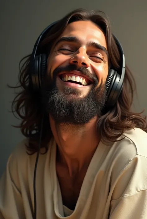 Jesus listening to music with headphones. smiling 