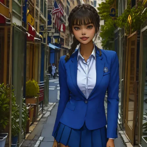 slmn, 1girl, masterpiece,best quality,highres,ultra-detailed,aadarjeeling,braid,bangs,school uniform,(navy blue blazer),emblem,collared shirt,long sleeves,pleated miniskirt,outdoors,standing,:smile,cowboy shot,