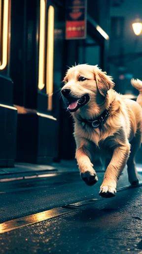 Golden retriever running through a cyberpunk cityscape at night