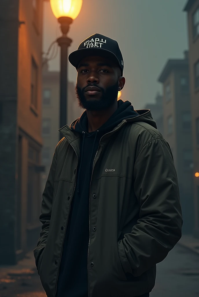 A young black men with beard wearing  big jacket and a cap on his head with the printing saying PAPU STRET on his black cap standing in fron of the streetlight facing the front with his the serious face and a picture written SENE MICKZ