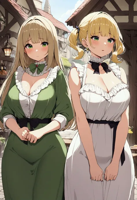 ( High quality , ultra detailel ) two girl, duo, fantasy setting, villagers girl, tavern, shirt curvy blonde, slender brunette, shy, cleavage, green dress, white dress, standing up, frills, sleeveless dress, bow chocker.