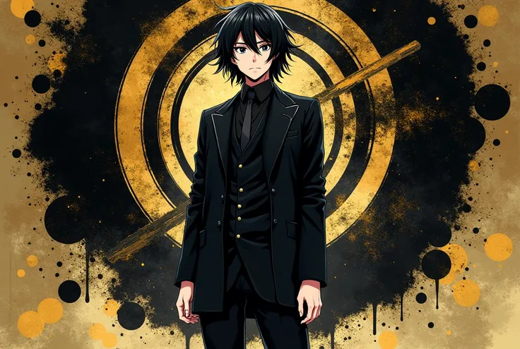 He stood wearing black stockings and pointy stilettos..、A 2 Japanese Anime man with medium short black hair and black eyes wearing a black Gakuran Outfit suit.、Black and gold pattern