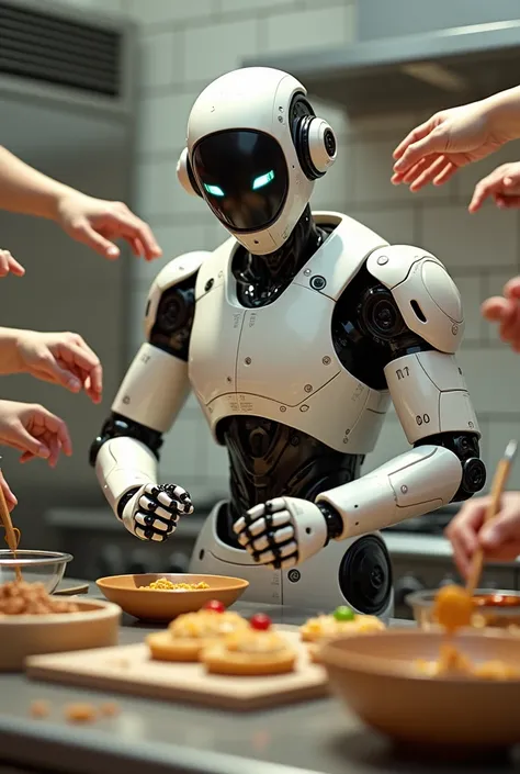 Image where a robot is baking and many hands come out to continue working 