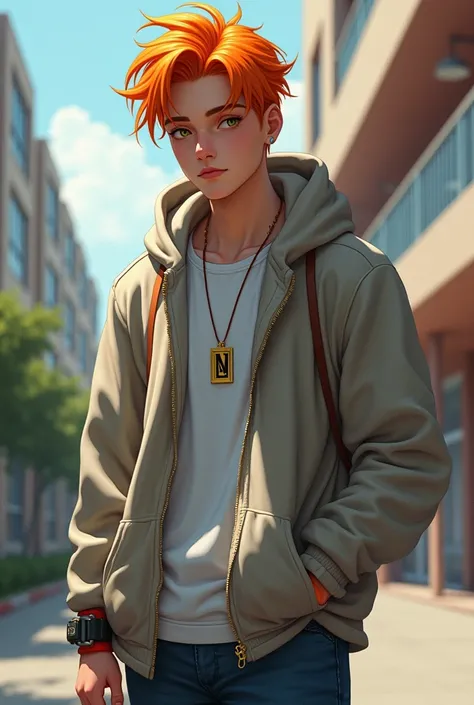 A cool high school boy with orange hair and a hoodie