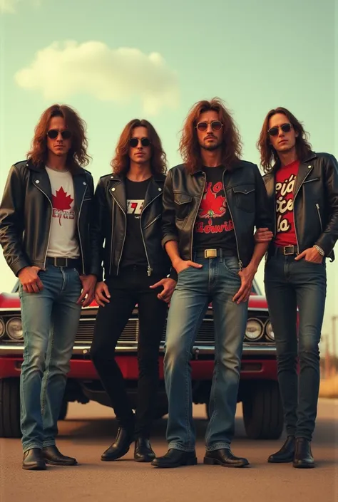 4 mens with long hair ,80s outfit fashion style,rockers, retro style , vintage style, 80s style, background  60s car,