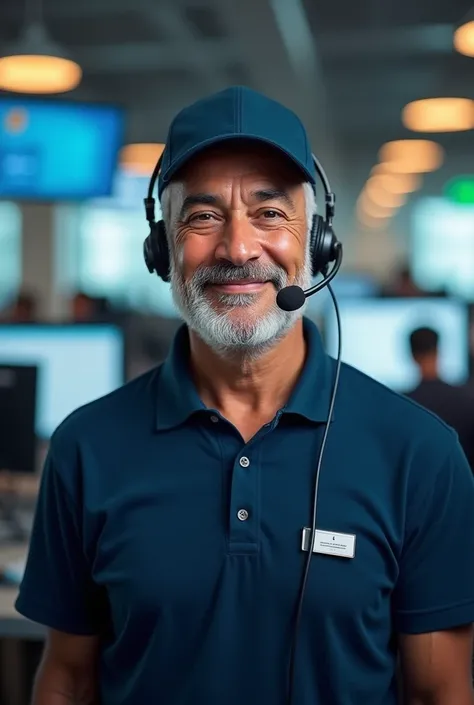 a 3 Brazilian call center salesman wearing a dark blue polo shirt and cap 