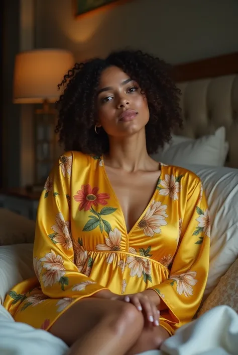 Create a realistic photo of a woman wearing a yellow floral-patterned nightgown tunic, sitting on a bed. The lighting should be perfect, highlighting the soft textures of the fabric and the serene atmosphere of the bedroom. Ensure the colors are vibrant ye...