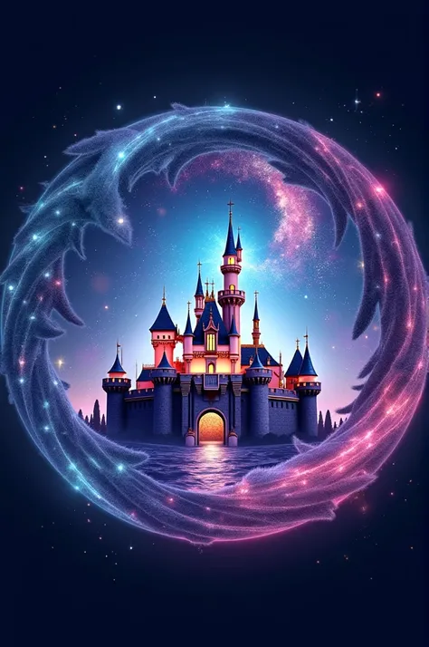 Create a circular logo called magic mochi that is galactic and has the Disney castle 