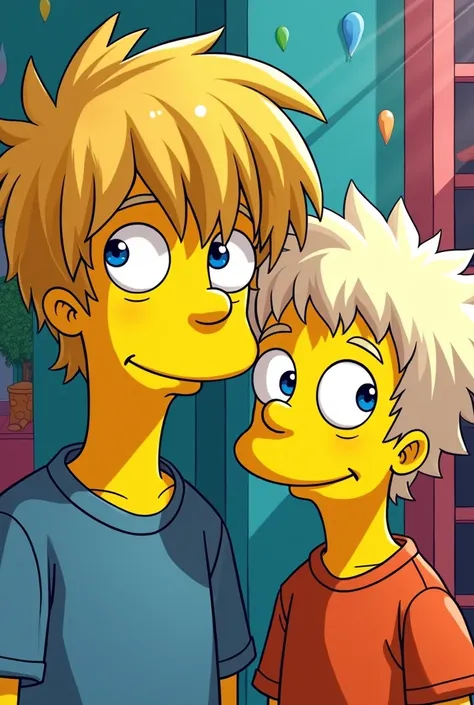 A long-haired blonde and a white-blonde boy with blue eyes, Simpsons style