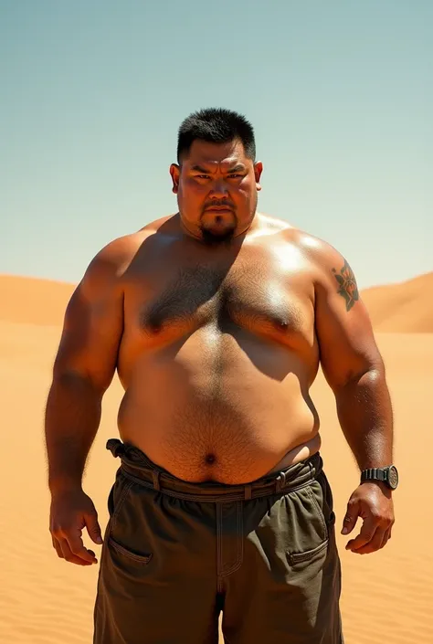 Wild fat Chinese man, (Dad of Five:1.1), One person, alone, good looking, 小さなeye, 詳細なeye:1.1, Large round face shape, (Detailed face:1.3), short hair, (Highest quality, High resolution), masterpiece, In the desert, Intricate details, Depth of written bound...