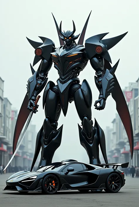 Create a super car in black colour and transform into samurai robot with there sword in both hand and from solder connect long cloth are fly 