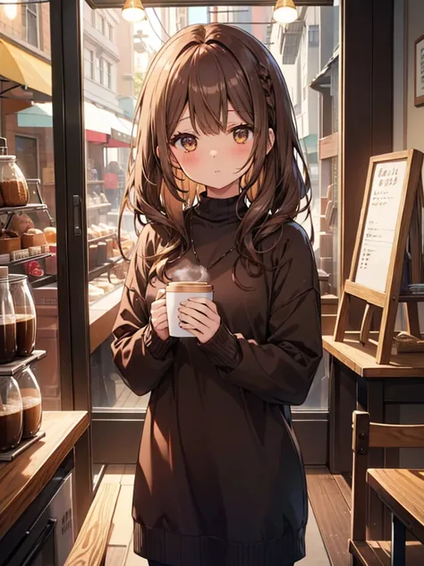 Shorthand, Depth of written boundary, Tabletop, Highest quality, One Girl, Brown Hair, Brown eyes, Long Hair, Coffee shop, alone, View your viewers, sweater girl ，田舎のCoffee shopでくつろぐ