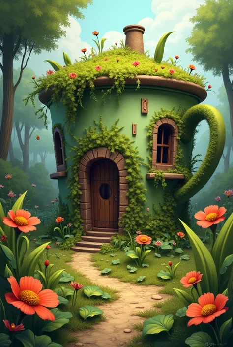 you have been lost in a strange village. It looks like a cup-shaped house complete with windows, doors and a unique staircase surrounded by giant grass and flowers. describe the imagination of the uniqueness by emphasizing the composition, shape, interweav...