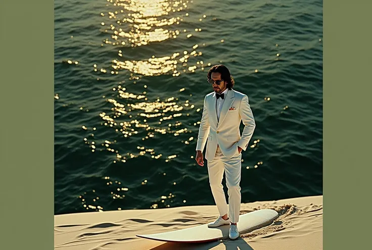 Professional photography, photo of a man wave surfing on the sand of desert, he wearing tuxedo, he is a fashionista, professional posing, he wearing sunglasses, cinematic lighting, hand in pocket, John Wick holding gun