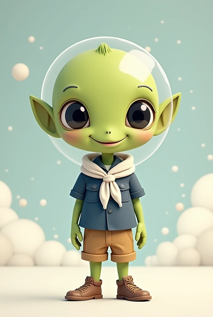 A whimsical digital illustration of a cartoonish funny alien astronaut, delicately rendered in soft pastel hues, celestial backdrop, with subtle texture and gentle shading adding depth to the minimalist composition, wearing boy scout uniform with navy blue...