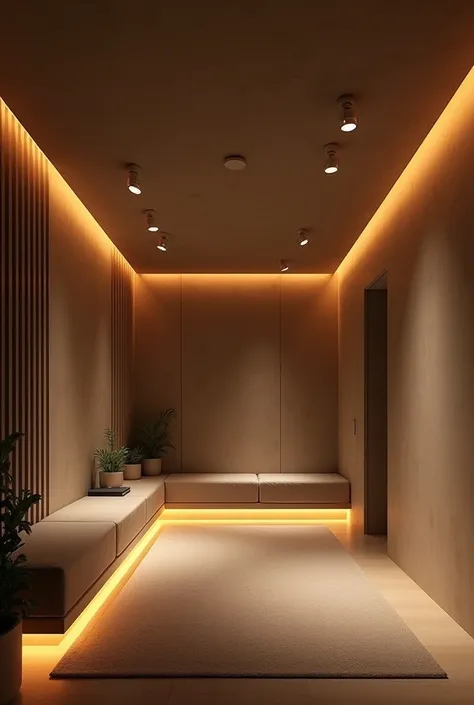 Modern, minimalistic, chalk ceiling of room of 12x12 sqfeet area with LED lights and warm lights having a decent design