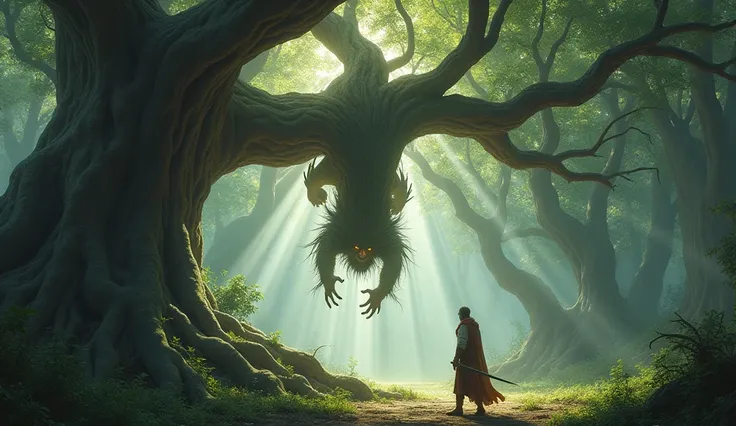 A yaksha hangs upside down from a tree in a deep forest, with King Bikramaditya standing before him with a sword in his hand.