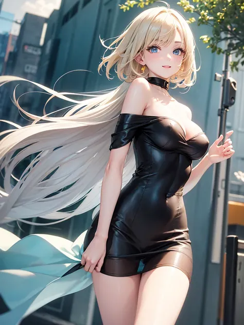 Anime style, super fine illustration, highly detailed, beautiful detailed, pale tone image, static representation, gentle expression, 8k, pretty 1girl with blonde straight short hair & blue eyes & a bright smile & big breasts & soft fair skin is wearing th...