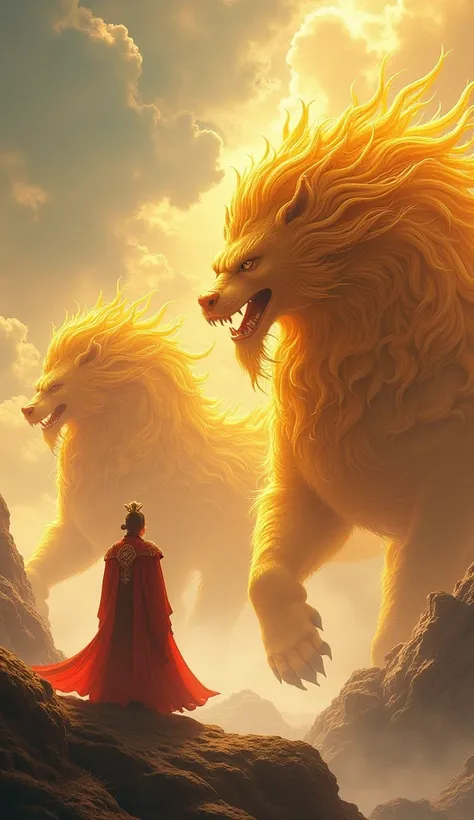 The divine beasts recorded in "Classic of Mountains and Seas" look at the Jade Emperor from afar, with huge bodies and golden hair. Fantasy, modernism, Xīqí, magical style, fast-moving perspective, and three-dimensionality. 