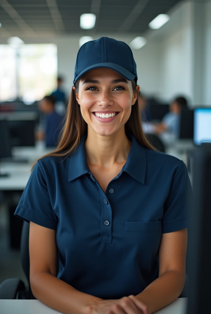 a Brazilian call center saleswoman in a dark blue polo shirt and cap 