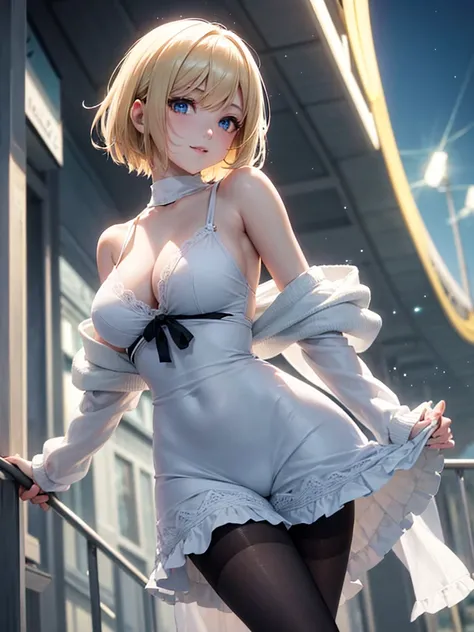 Anime style, super fine illustration, highly detailed, beautiful detailed, pale tone image, static representation, gentle expression, 8k, pretty 1girl with blonde straight short hair & blue eyes & a bright smile & big breasts & soft fair skin is wearing th...