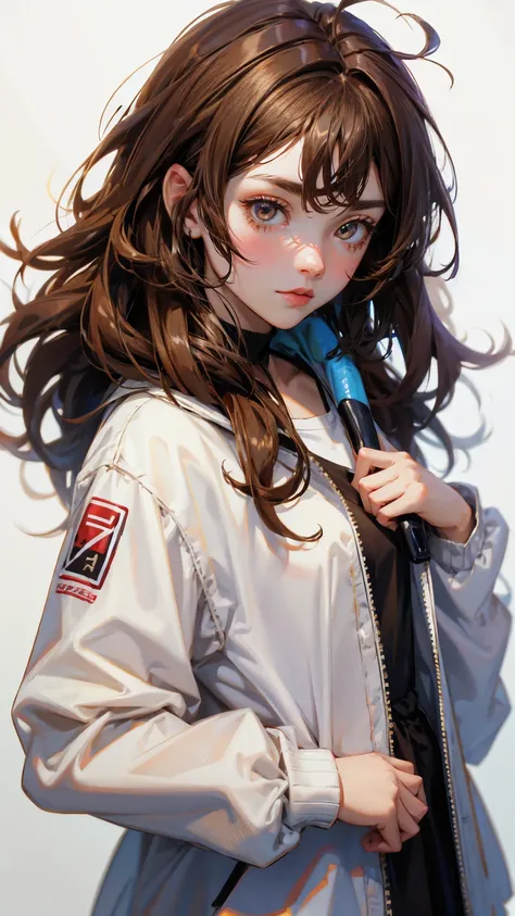 4K Anime girl, messy brown hair with #8B4513 streaks, exhausted but determined expression, surrounded by towering stacks of paperwork and broken gadgets, frantically working on multiple repair projects simultaneously, chaotic workshop filled with tools and...