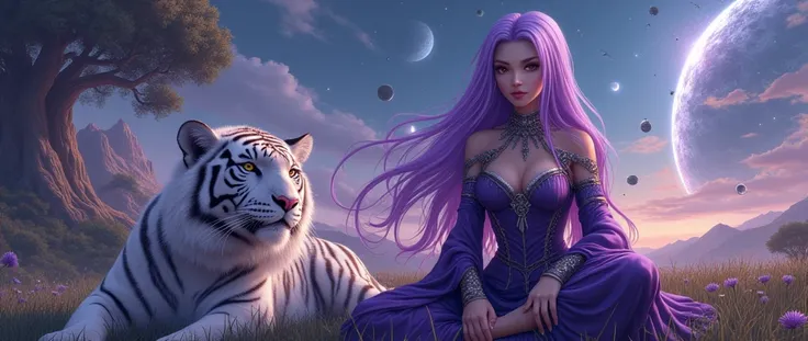 
"Create an image of a girl with long beautiful purple hair and brown eyes. The character wears an elegant violet-colored high society outfit with a combat touch., showing strength and tenacity. The character has a penetrating gaze, as if he could see thro...