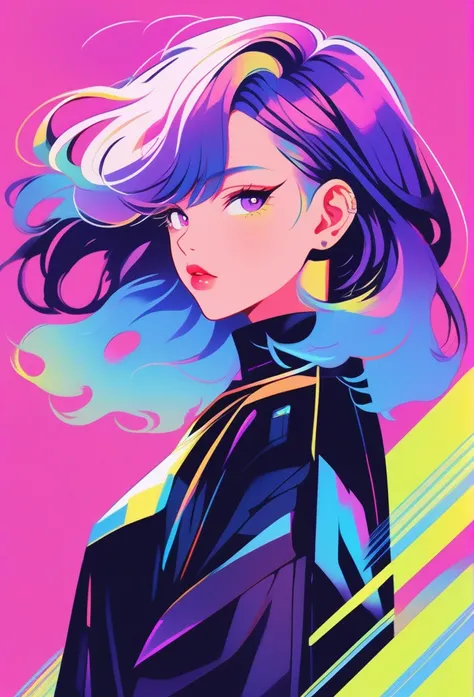 ((illustrator)), flat color, anime style, sketch, 1girl, shiny lip, jersey wear, order, very modern stylish asymmetry hair, purple ((gradient)) background, neon hair, textured crop, (masterpiece, best quality), portrait, ((dynamic angle)),close up girl