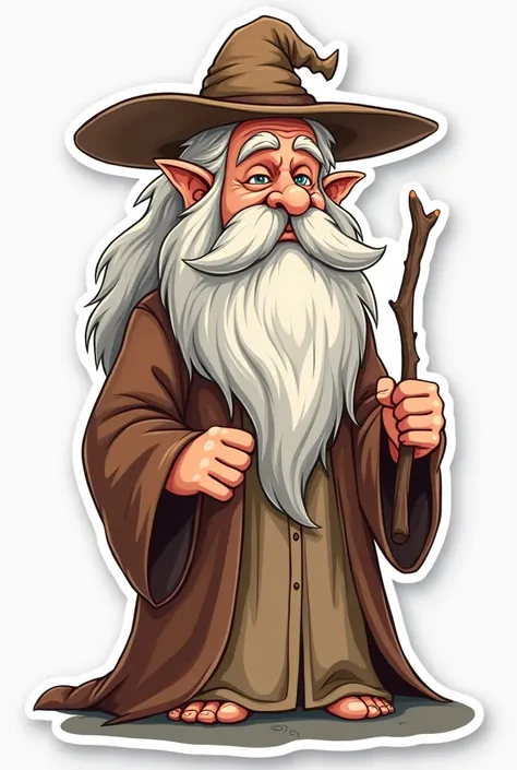 Sticker of a wizard without a hat, long white hair and beard, wearing a brown tunic