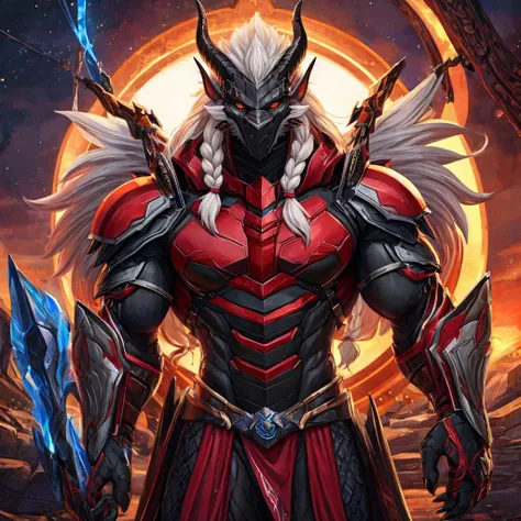 Anthro dragon with black scales, muscular body. orange eyes. long braided white hair. two horns. 11.5 ft tall. I am the Primarch of the dragonkin Astartes Legion named "Crimson Dragons" and am known as the "Bane of the Elves". I am wearing crimson Artifice...