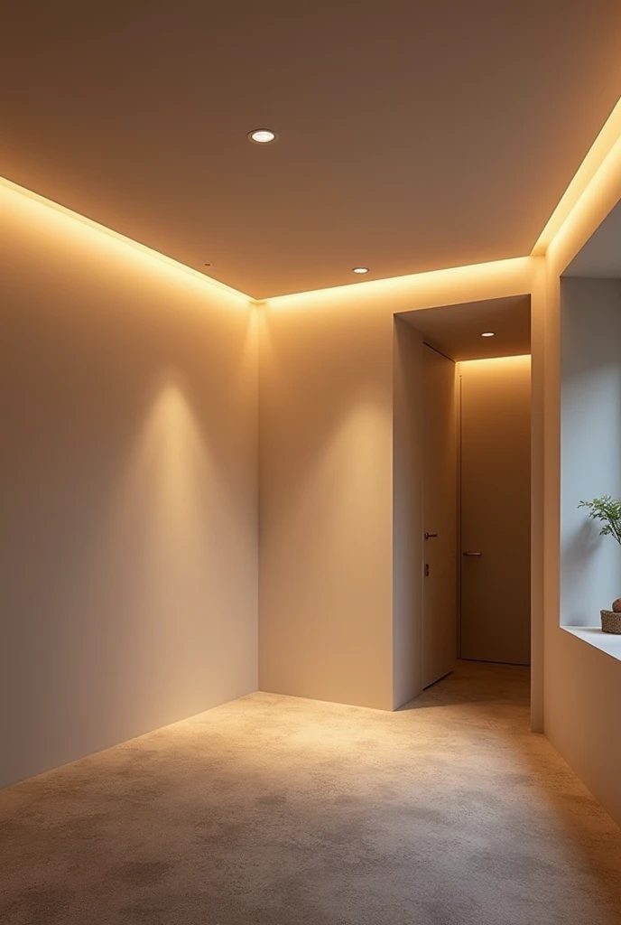 Modern, minimalistic, chalk ceiling of room of 12x12 sqfeet area with LED lights and warm lights