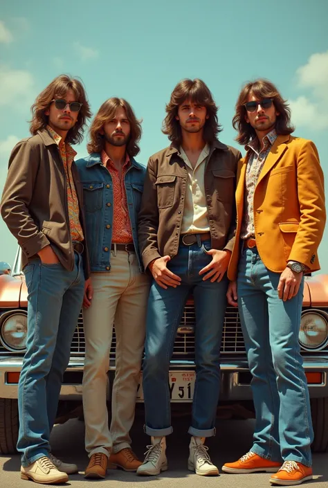 4 mens with long hair , 80s outfit fashion style,indie style , retro style , vintage style, 80s style, background  60s car, no glasses, the Beatles, led zeppelin, black sabbath