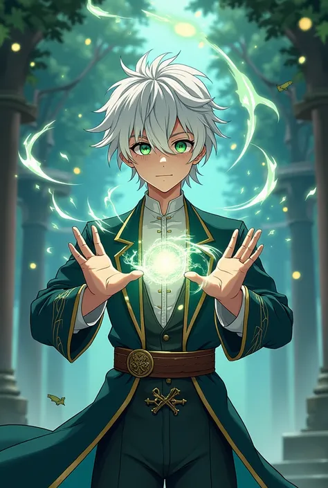 20 years old boy, mbti infj, 2d anime, magician, white hair, green eyes