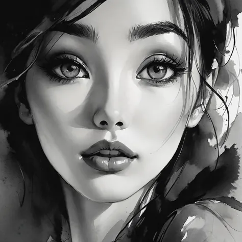 Beauty portrait in ink style，black and white，smooth lines，expressive eyes，Delicate lips，flowing ink contrast，Emphasis on expressions，contrast of light and shadow，Subtle background，simple composition，Ambience of light and space，black ink strokes，implicit em...