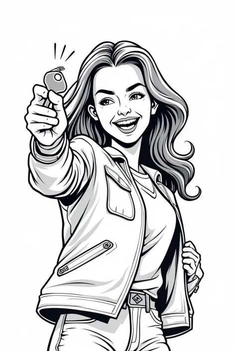 Create perfect black and white American comic book style art of a happy college girl with the key to her new house in the palm of her 5 fingered hand. 